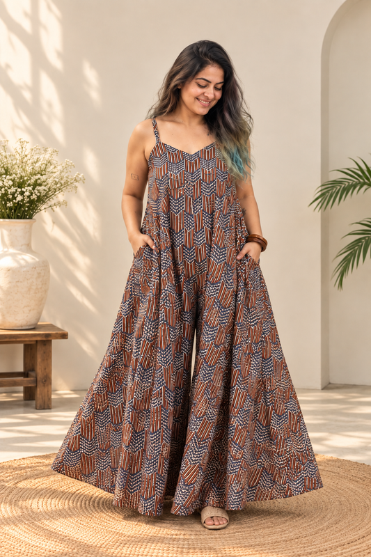 Rekha Hand Block Printed Floral Flared Jumpsuit