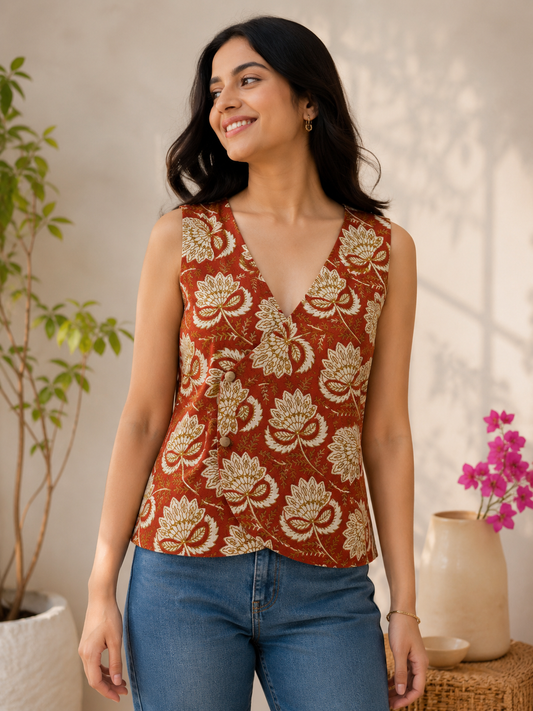Red Brown Hand Block Printed Reversible Waistcoat