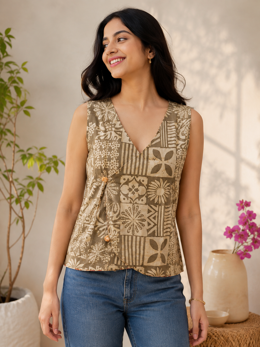 Red Brown Hand Block Printed Reversible Waistcoat