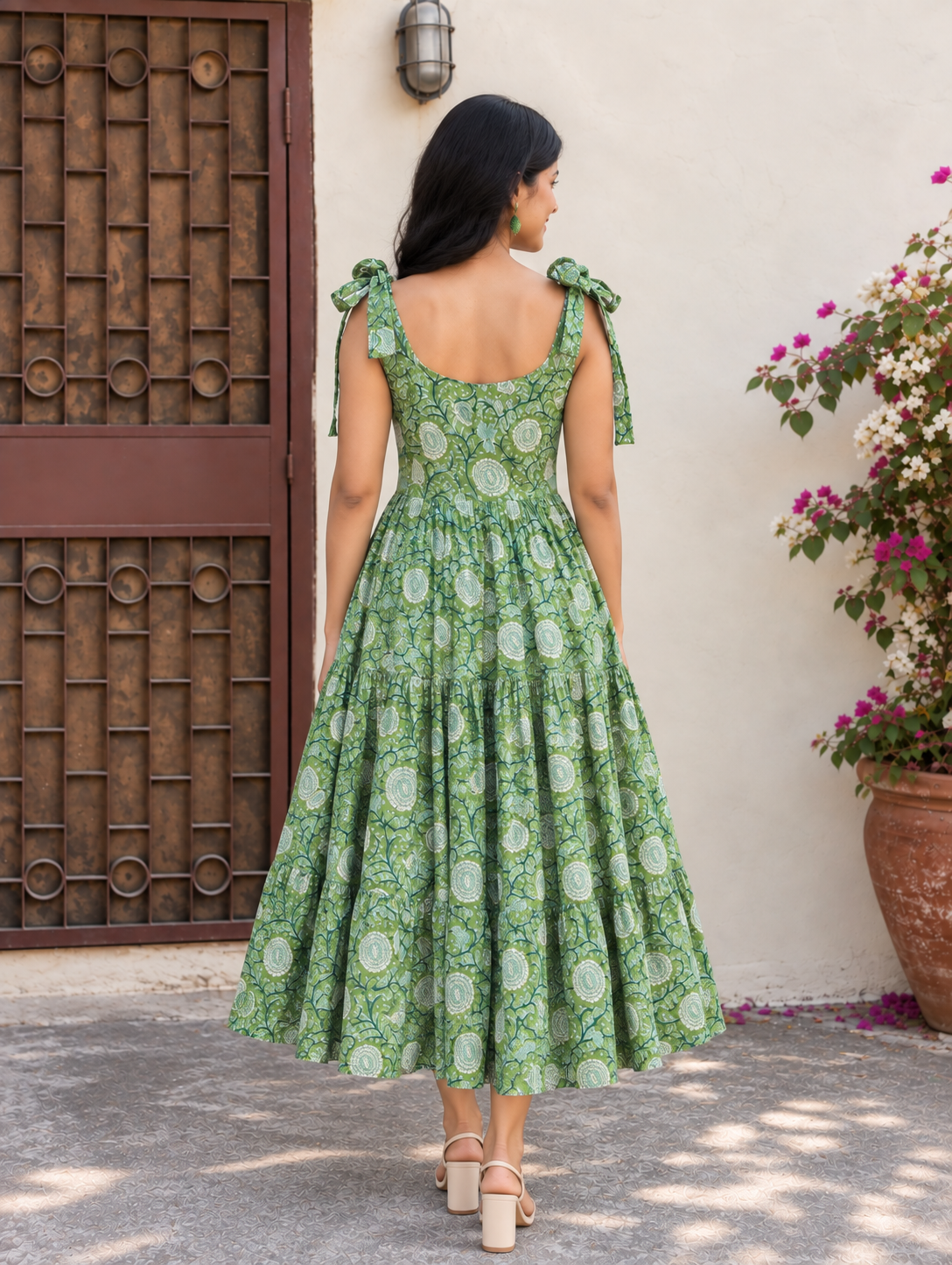 Elaichi Hand Block Printed Tiered Midi Dress with Tie Knot Sleeves