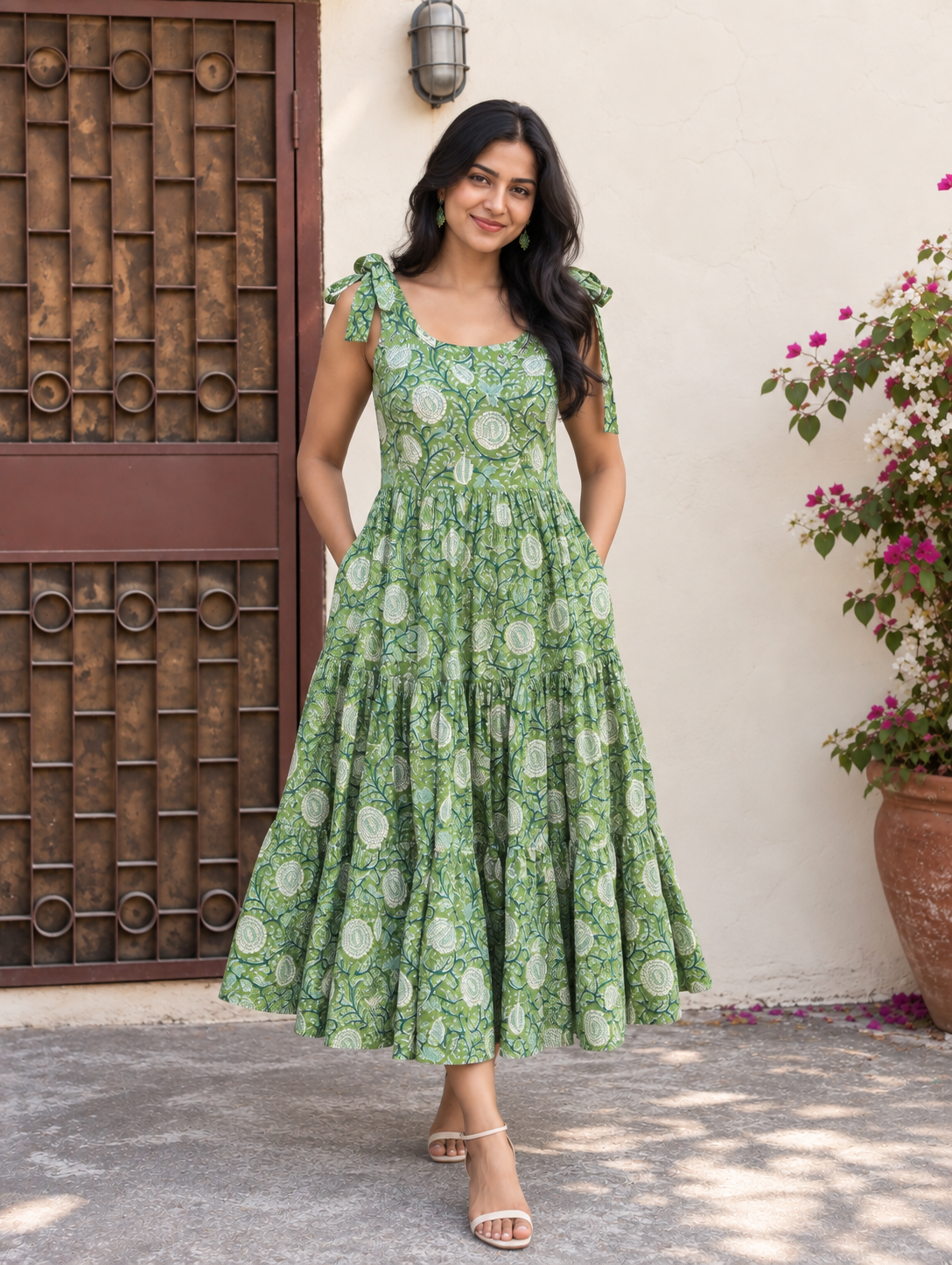 Elaichi Hand Block Printed Tiered Midi Dress with Tie Knot Sleeves