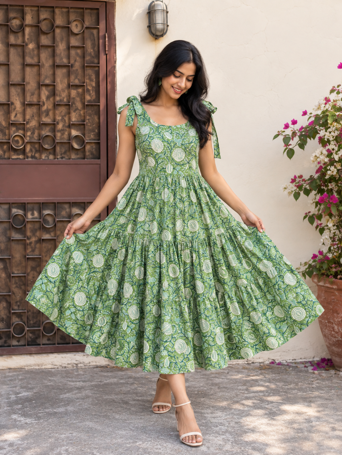 Elaichi Hand Block Printed Tiered Midi Dress with Tie Knot Sleeves
