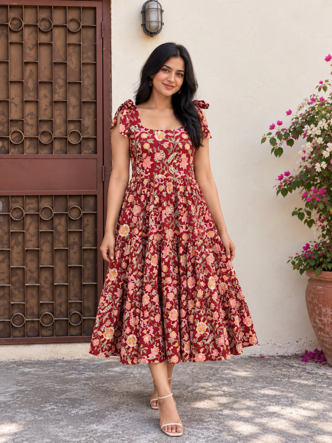 Gulaal Hand Block Printed Tiered Midi Dress with Tie Knot Sleeves