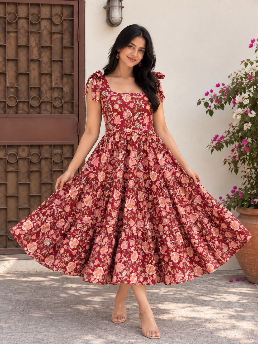 Gulaal Hand Block Printed Tiered Midi Dress with Tie Knot Sleeves