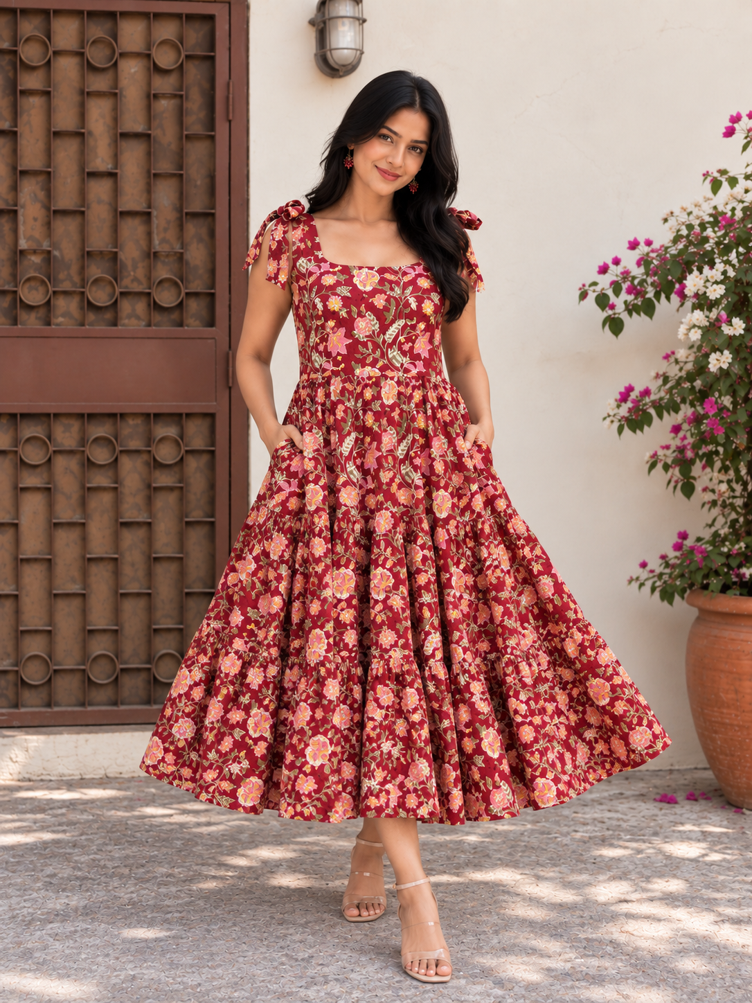Gulaal Hand Block Printed Tiered Midi Dress with Tie Knot Sleeves