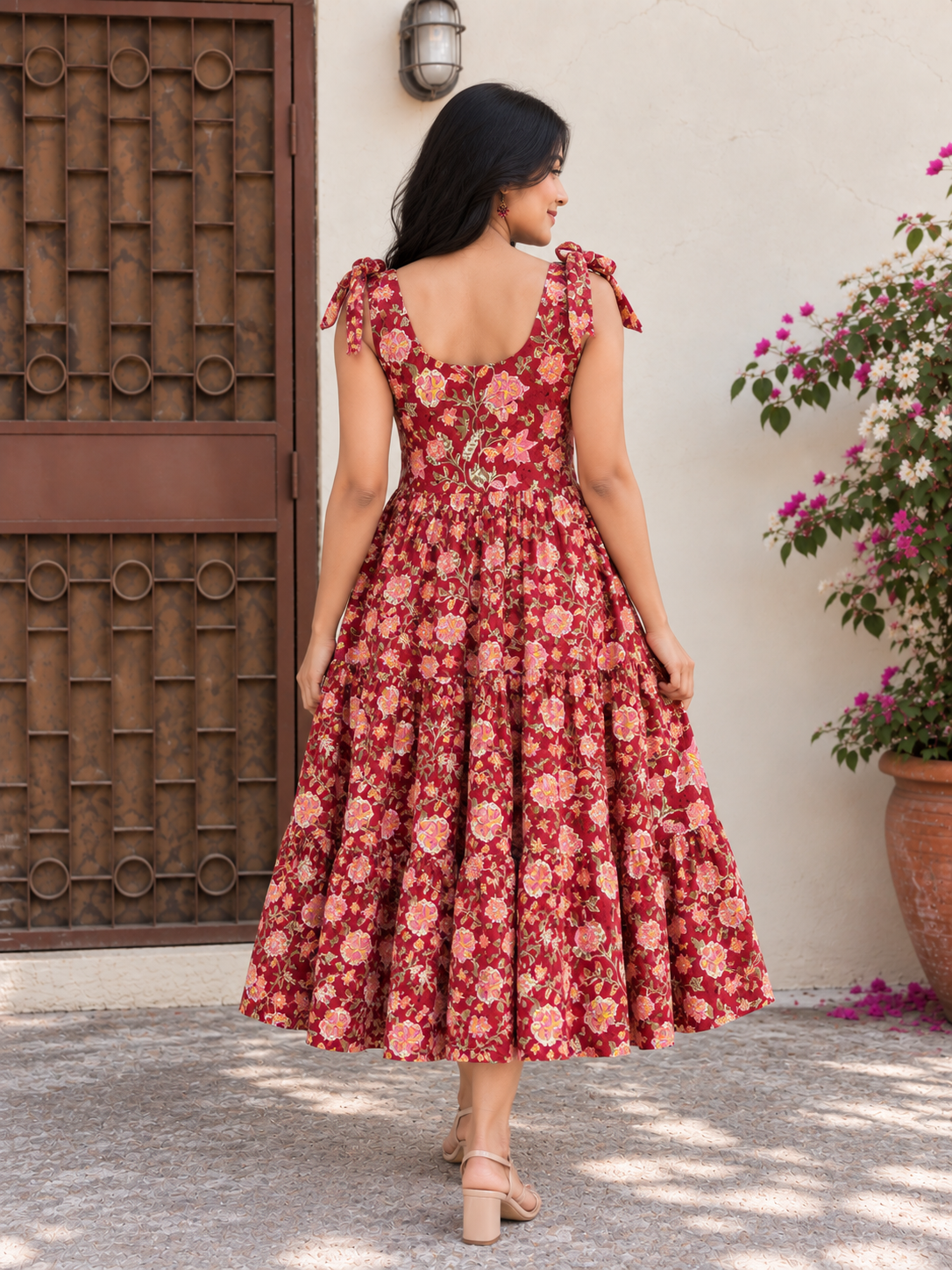 Gulaal Hand Block Printed Tiered Midi Dress with Tie Knot Sleeves