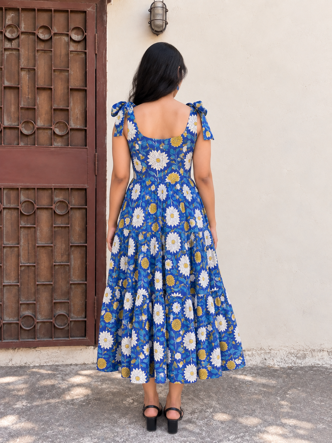 Summer Daisy Hand Block Printed Tiered Midi Dress with Tie Knot Sleeves