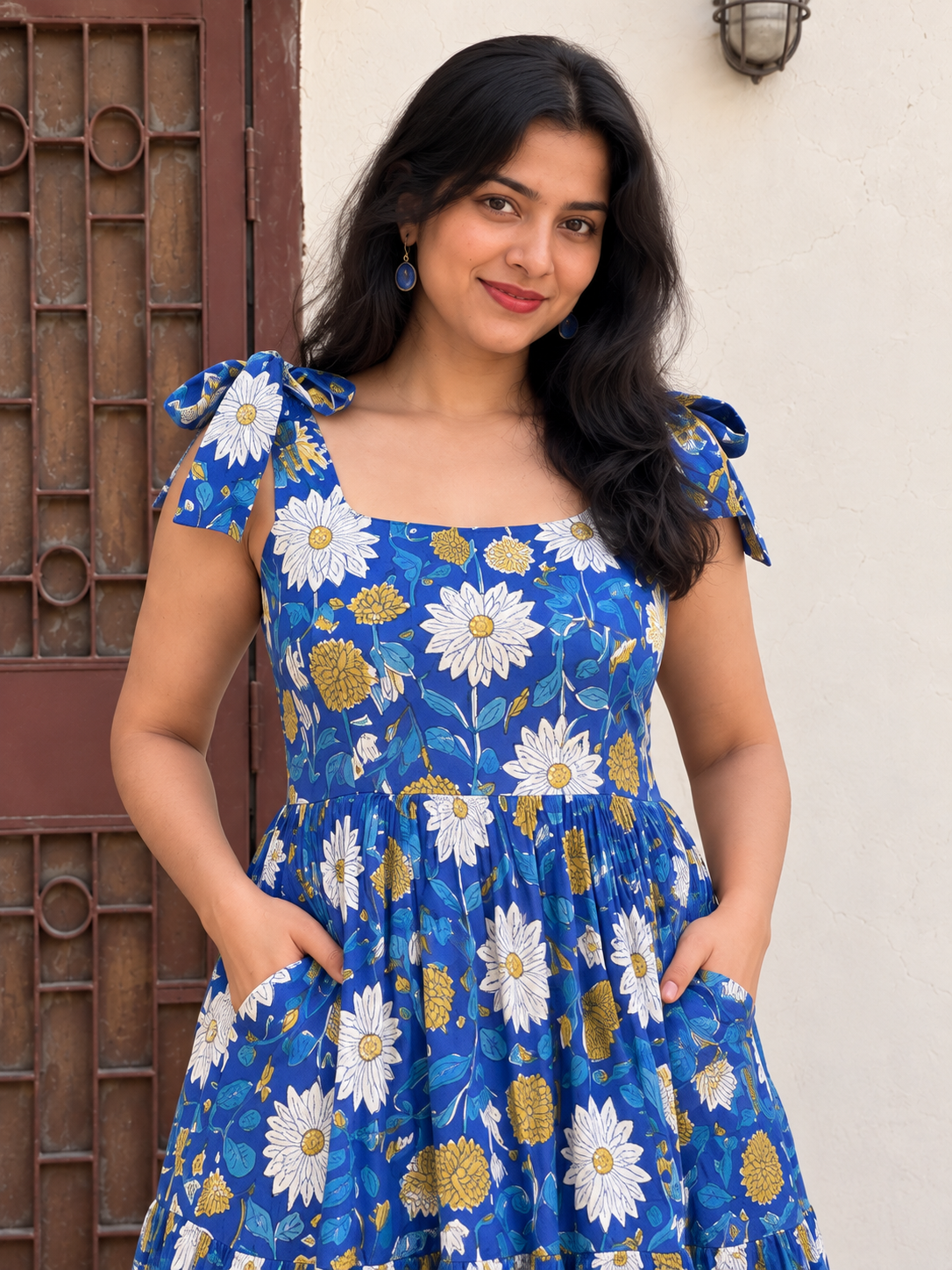 Summer Daisy Hand Block Printed Tiered Midi Dress with Tie Knot Sleeves