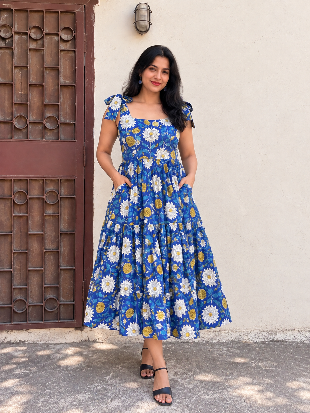 Summer Daisy Hand Block Printed Tiered Midi Dress with Tie Knot Sleeves