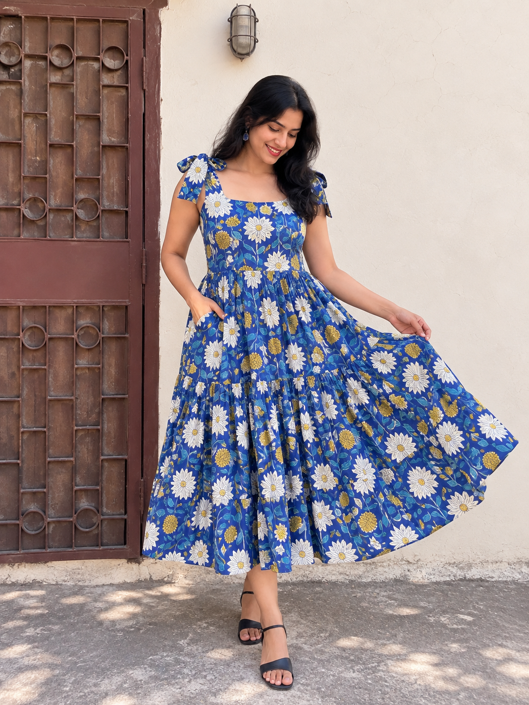 Summer Daisy Hand Block Printed Tiered Midi Dress with Tie Knot Sleeves