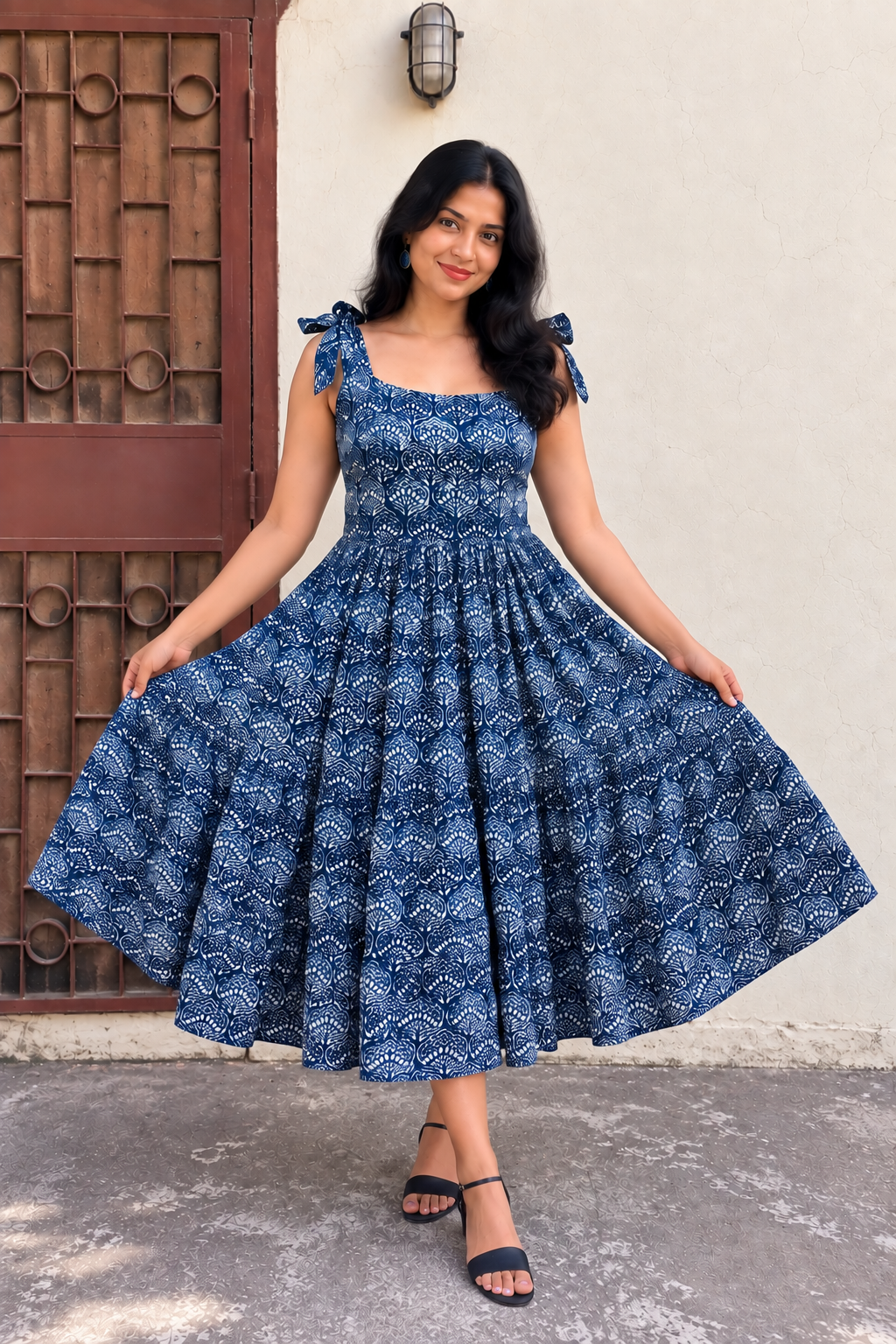 Leher Hand Block Printed Tiered Midi Dress with Tie Knot Sleeves