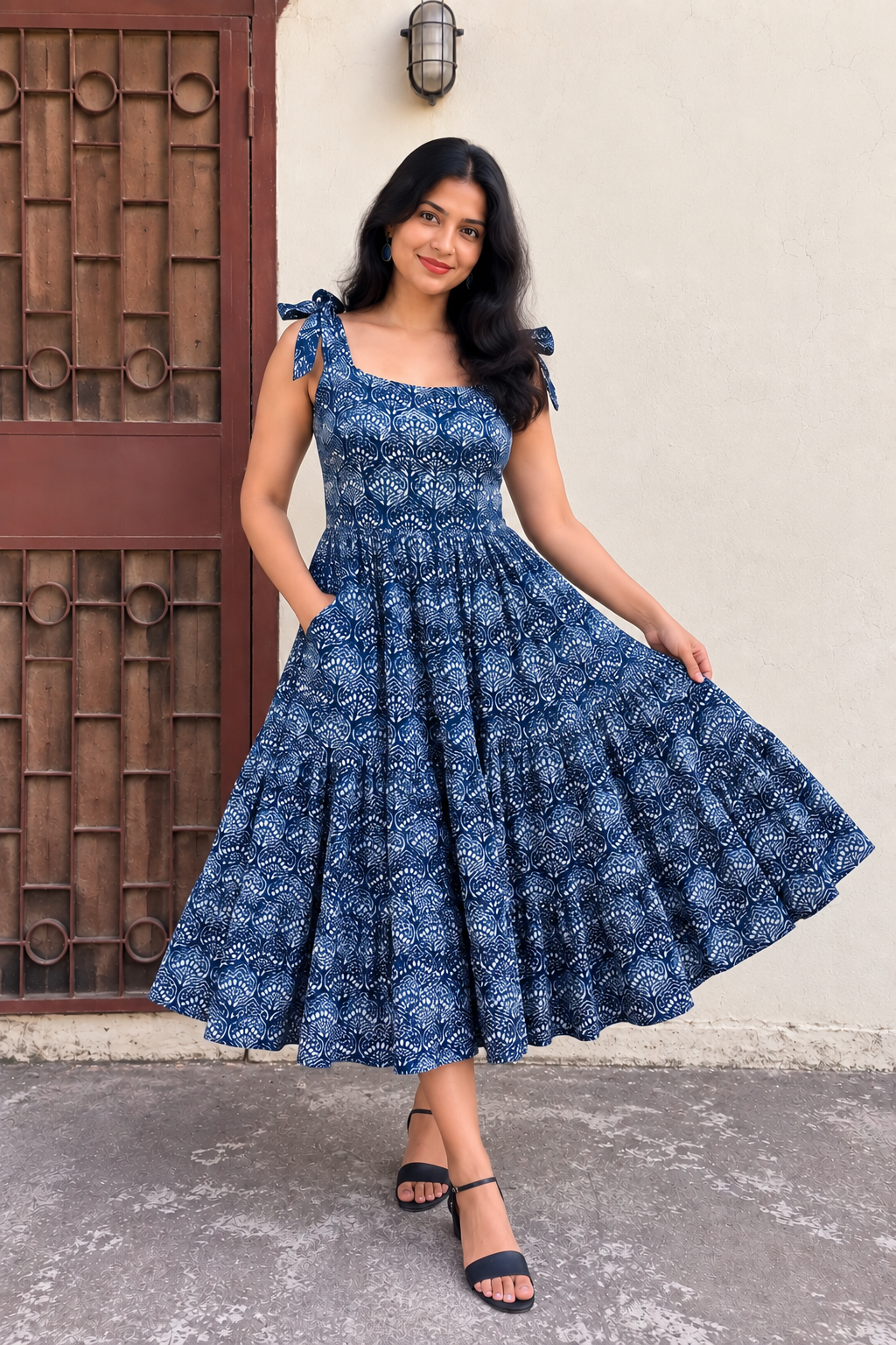 Leher Hand Block Printed Tiered Midi Dress with Tie Knot Sleeves