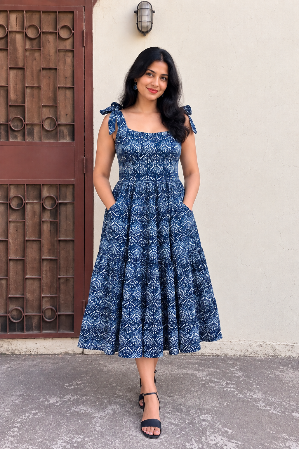 Leher Hand Block Printed Tiered Midi Dress with Tie Knot Sleeves