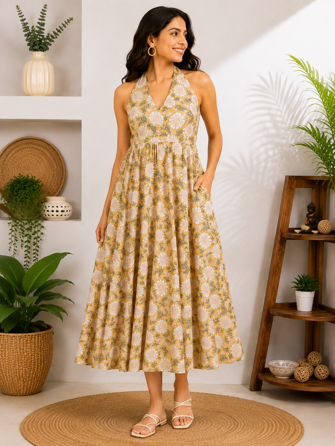 Pihu Hand Block Printed Halter Neck Midi Dress