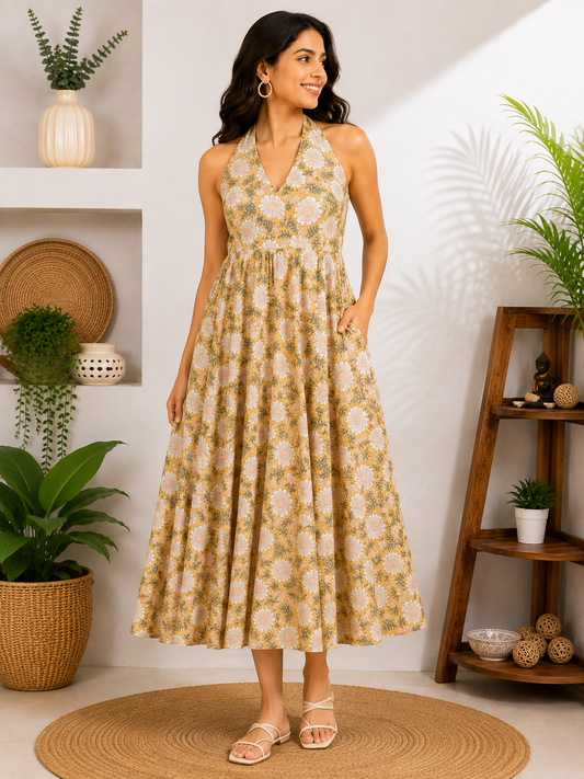 Pihu Hand Block Printed Halter Neck Midi Dress