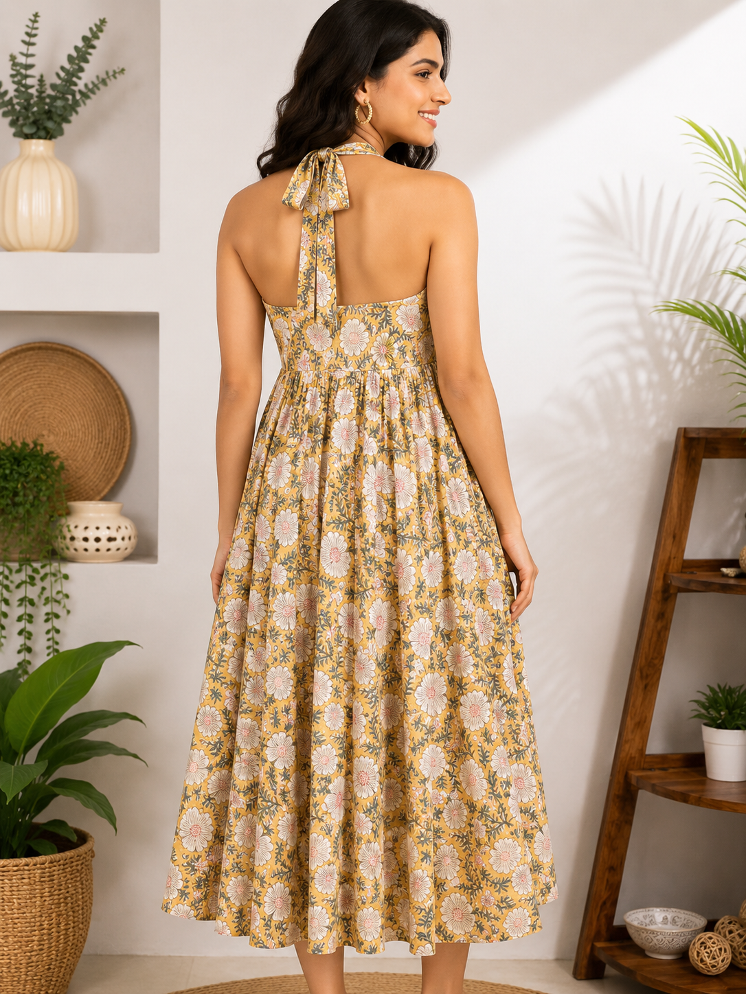Pihu Hand Block Printed Halter Neck Midi Dress
