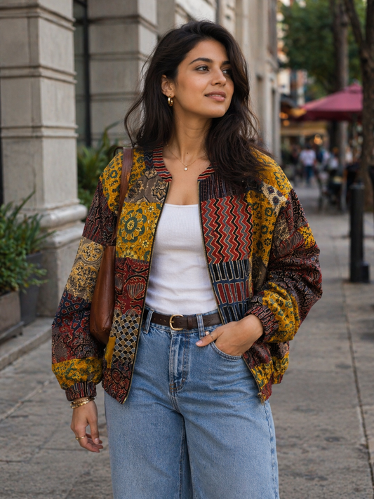 Ajrakh Hand Block Printed Patch Work Unisex Bomber Jacket