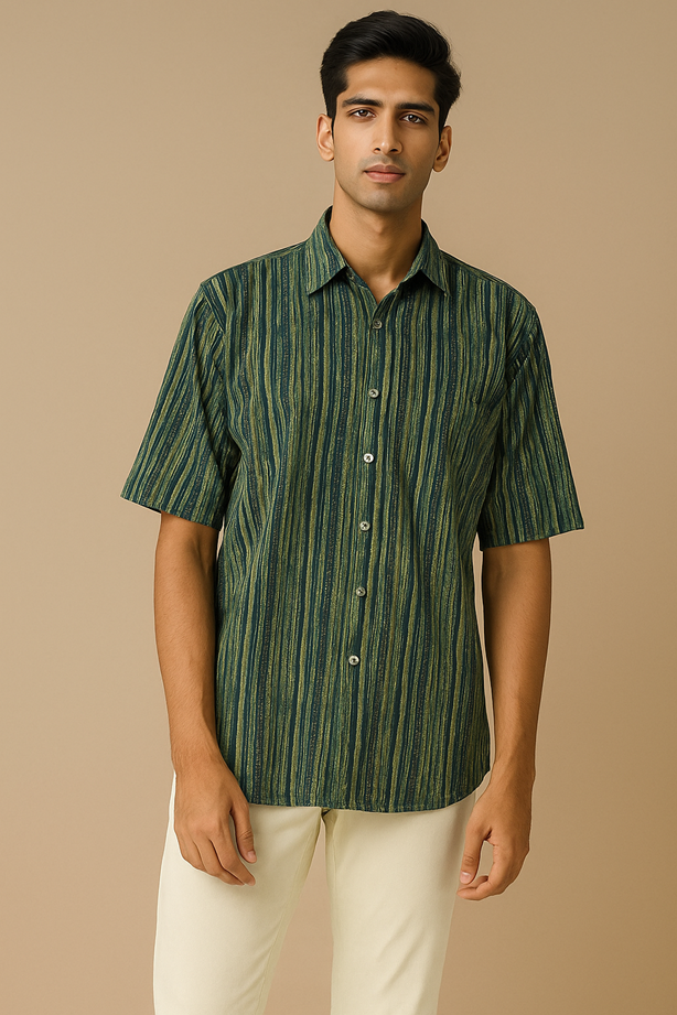 Indigo Green Lines Ajrakh Hand Block Printed Half Sleeves Unisex Shirt