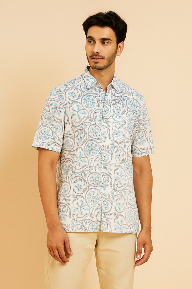 Blue Grey Floral Hand Block Printed Half Sleeves Unisex Shirt