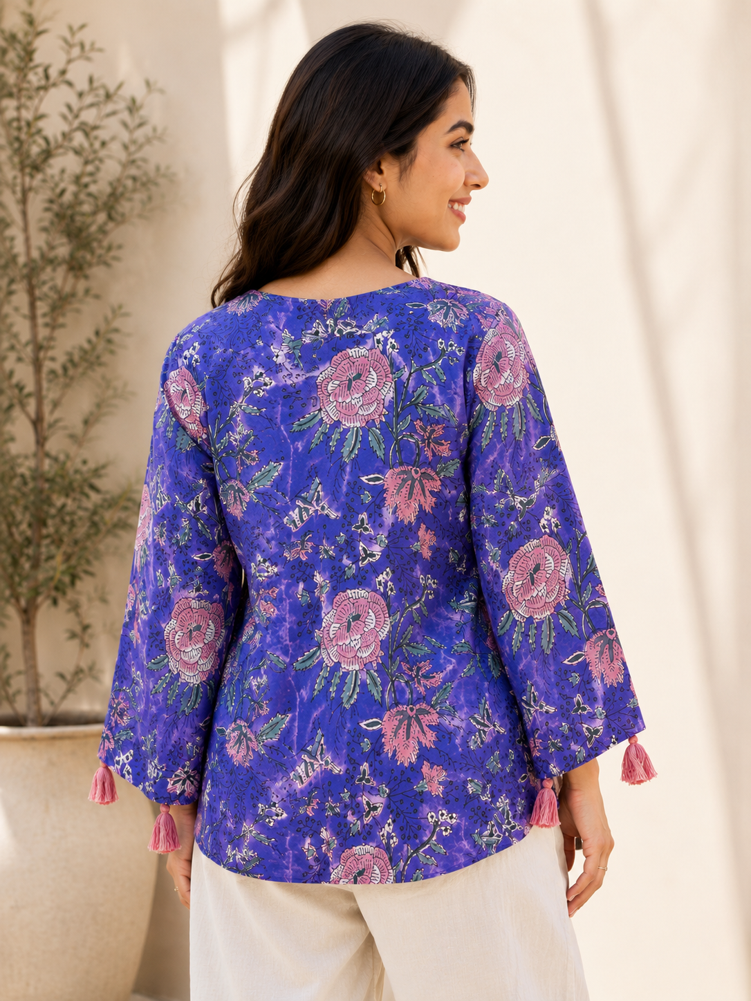 Lyla Hand Block Printed Top with Bell Sleeves and Tassels