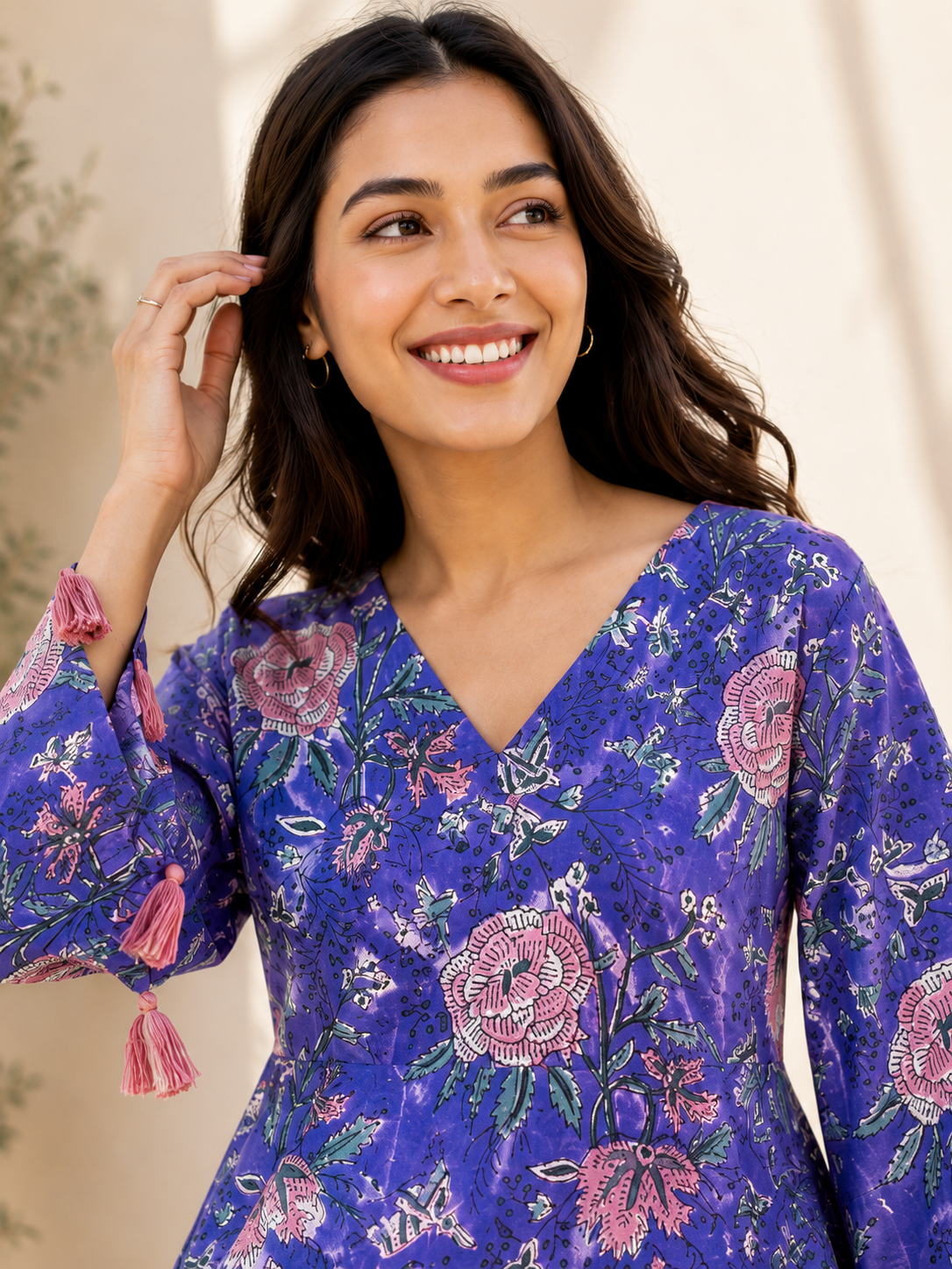 Lyla Hand Block Printed Top with Bell Sleeves and Tassels