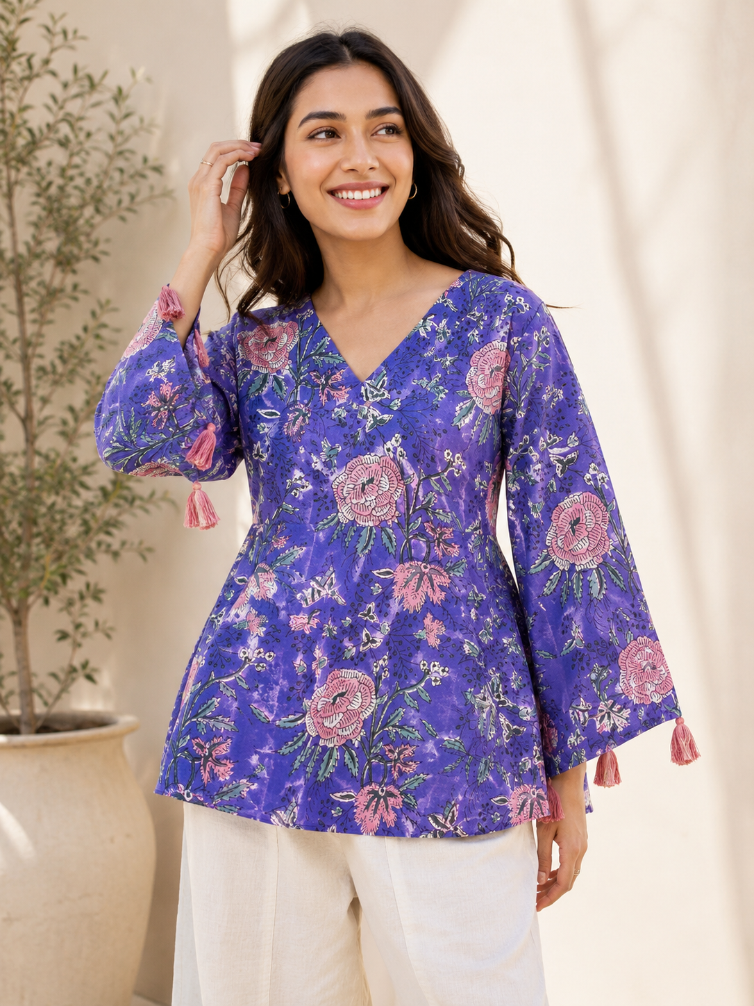 Lyla Hand Block Printed Top with Bell Sleeves and Tassels