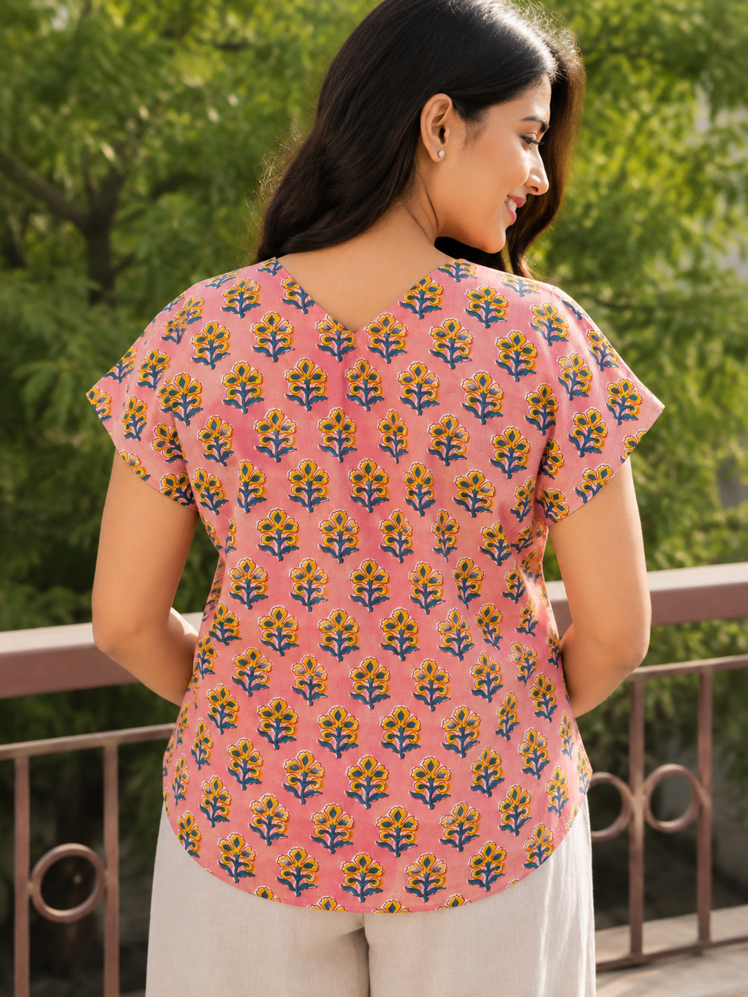 Pink Yellow Hand Block Printed Shirt with Mega Sleeves