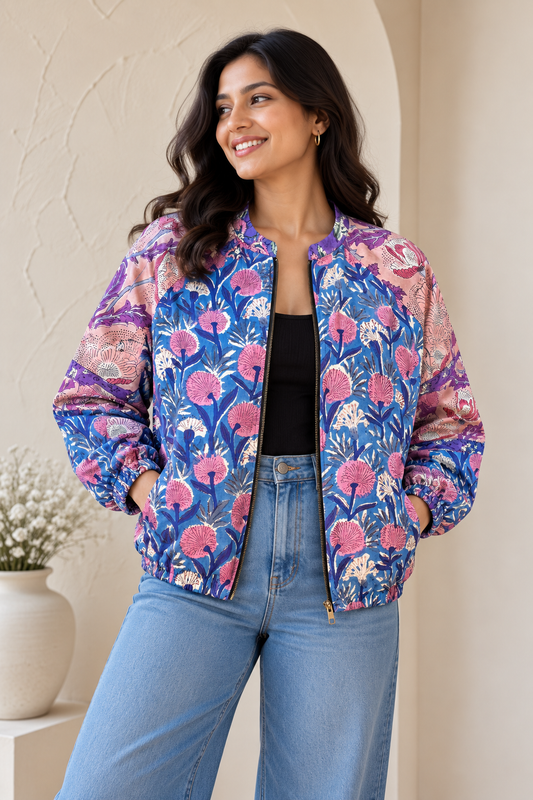 Purple Pink Hand Block Printed Unisex Bomber Jacket