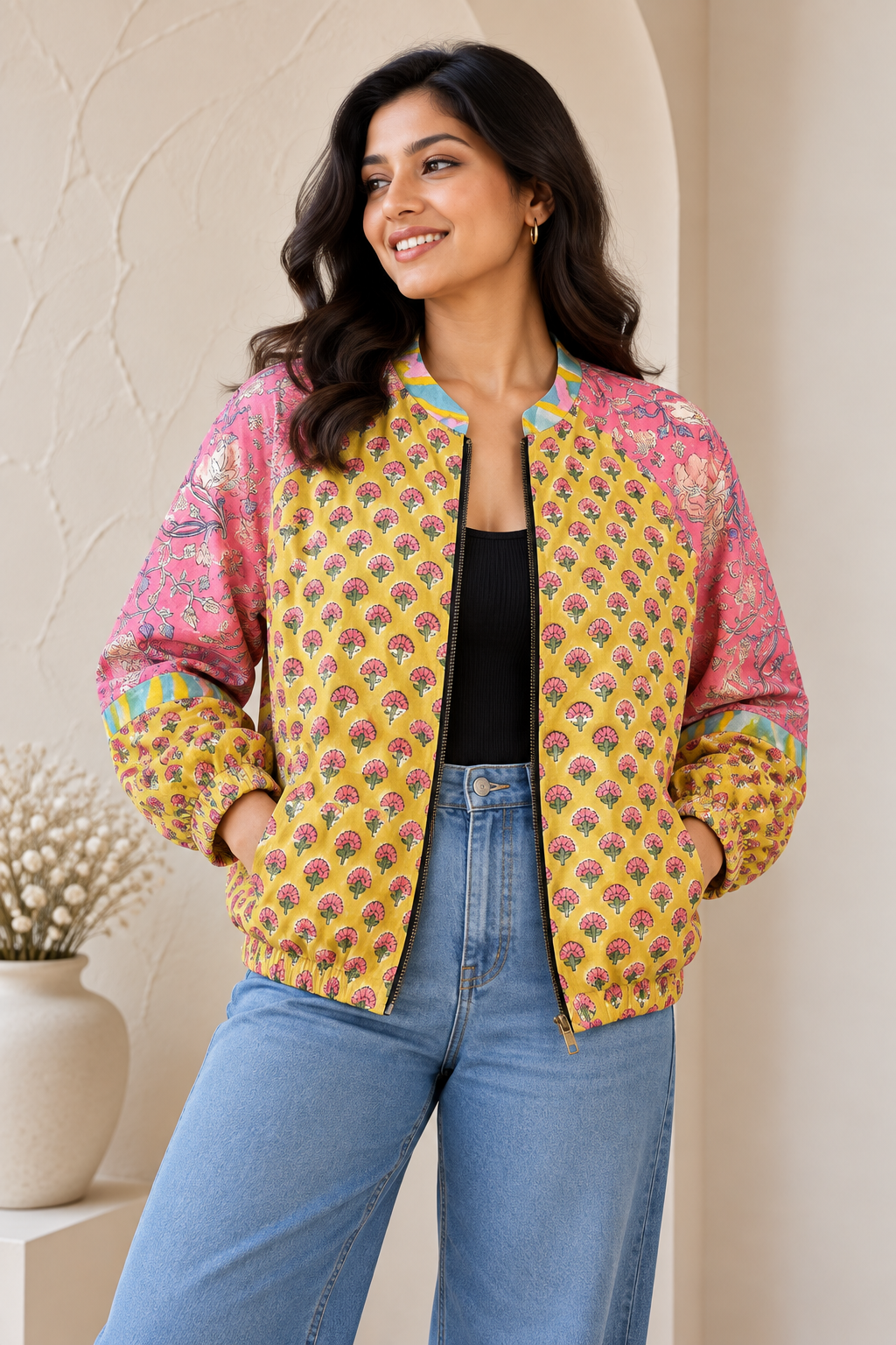 Yellow Pink Hand Block Printed Unisex Bomber Jacket