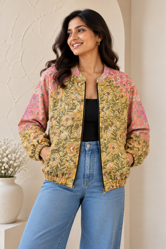 Brown Pink Hand Block Printed Unisex Bomber Jacket