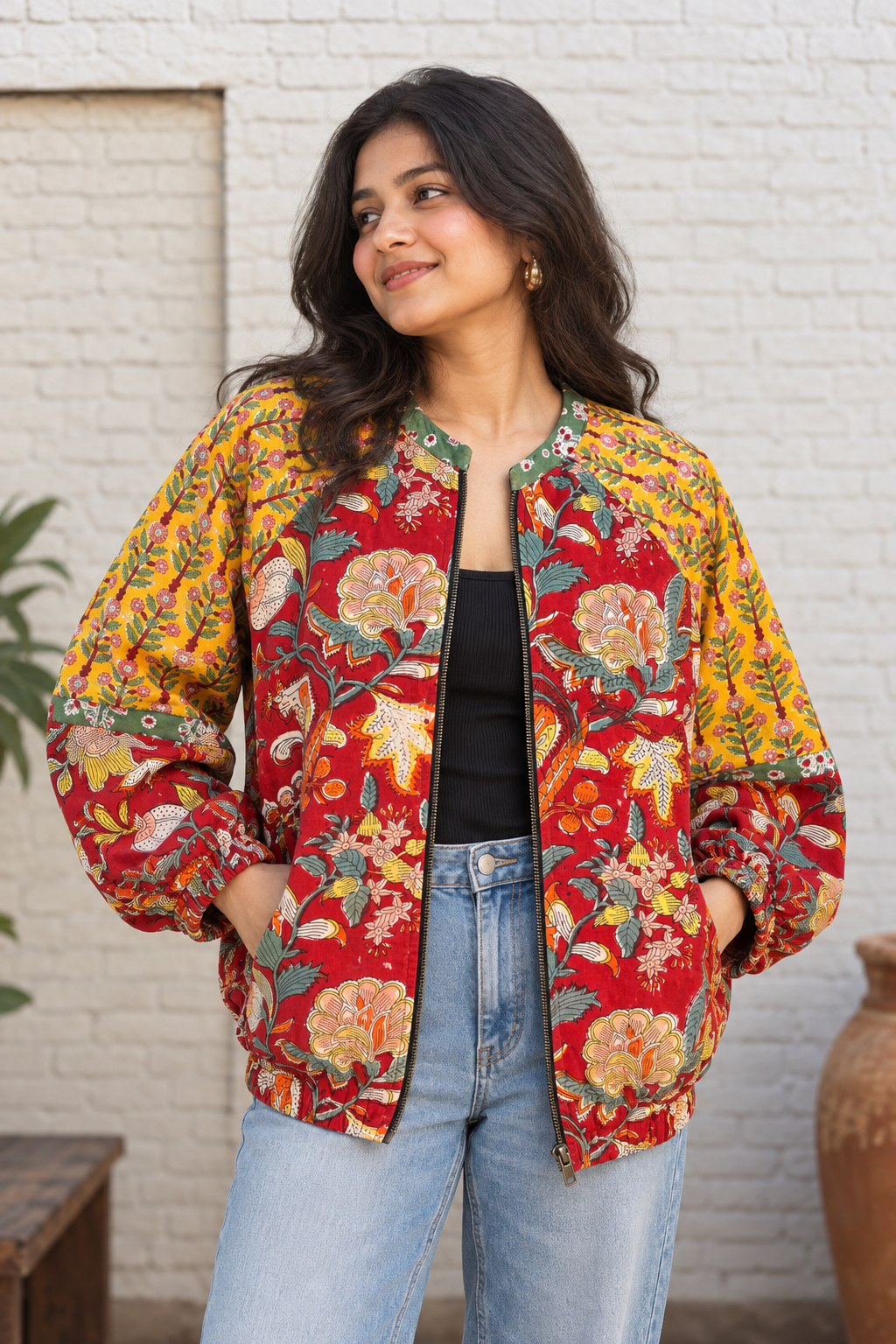 Red Yellow Hand Block Printed Unisex Bomber Jacket