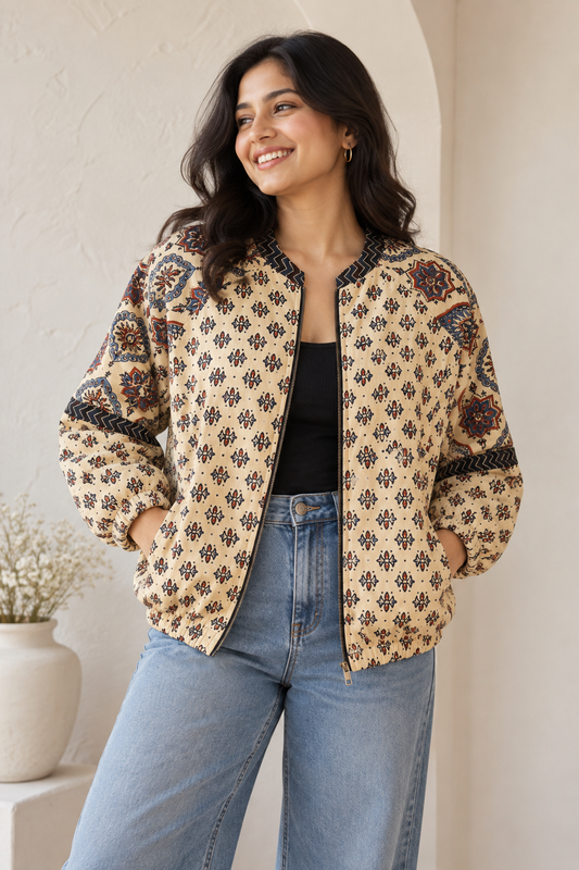 White Ajrakh Hand Block Printed Unisex Bomber Jacket