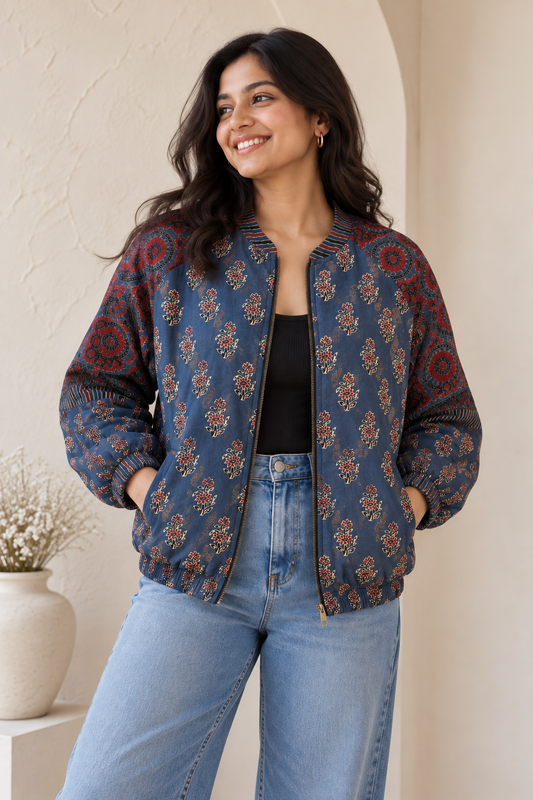 Indigo Red Ajrakh Hand Block Printed Unisex Bomber Jacket