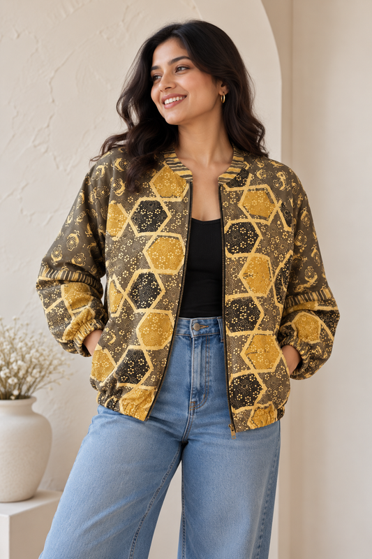Kashish Ajrakh Hand Block Printed Unisex Bomber Jacket