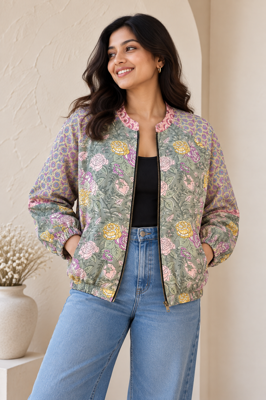 Grey Floral Hand Block Printed Unisex Bomber Jacket