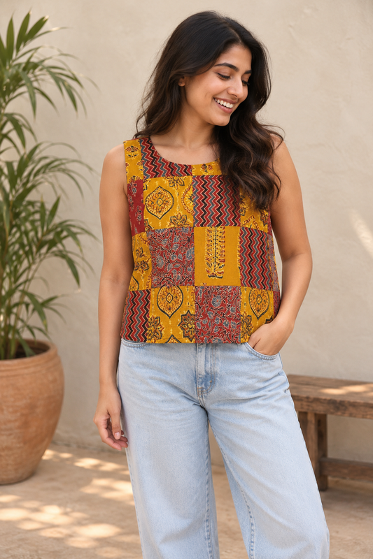Ajrakh Yellow Red Patch Work Sleeveless Crop Top