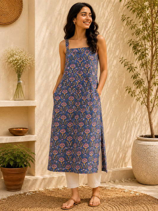 Blue Pink Hand Block Printed Strap Kurta