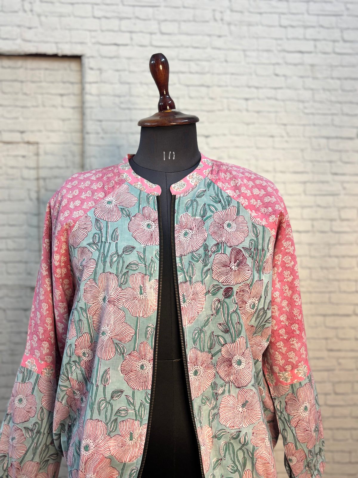 Mint Green Pink Hand Block Printed Unisex Bomber Jacket
