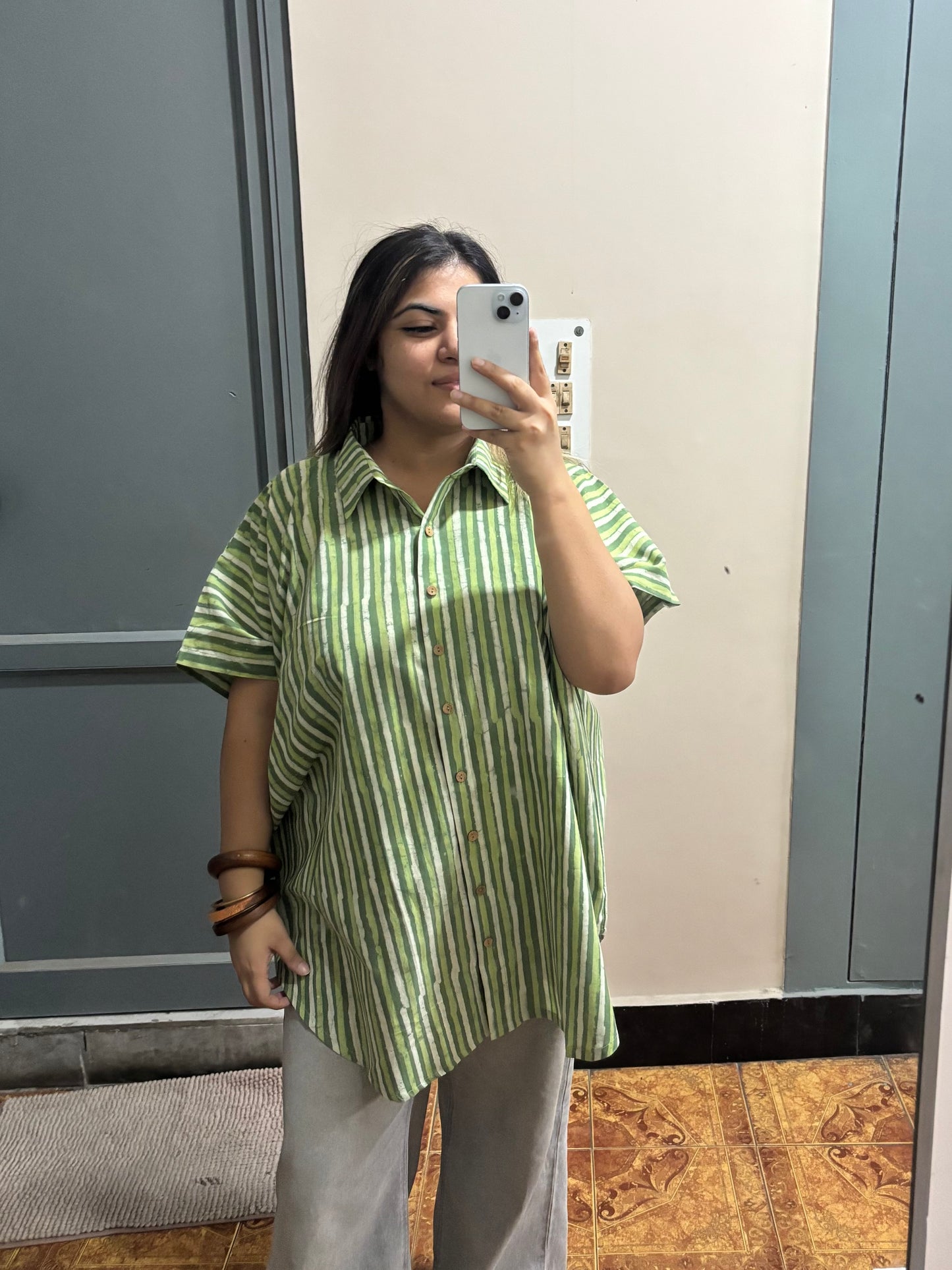 Green Dabu Stripe Cotton High Low Shirt Kaftan