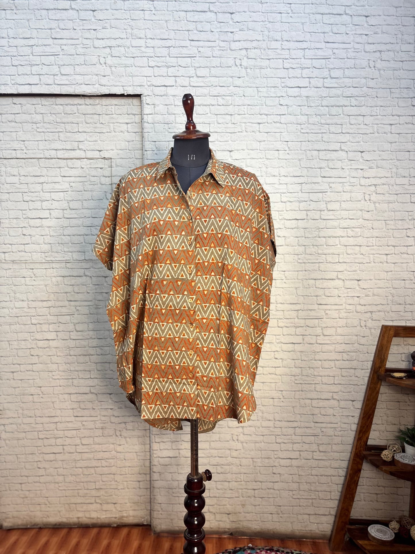 Brown Orange Triangle Ajrakh Cotton High Low Shirt Kaftan