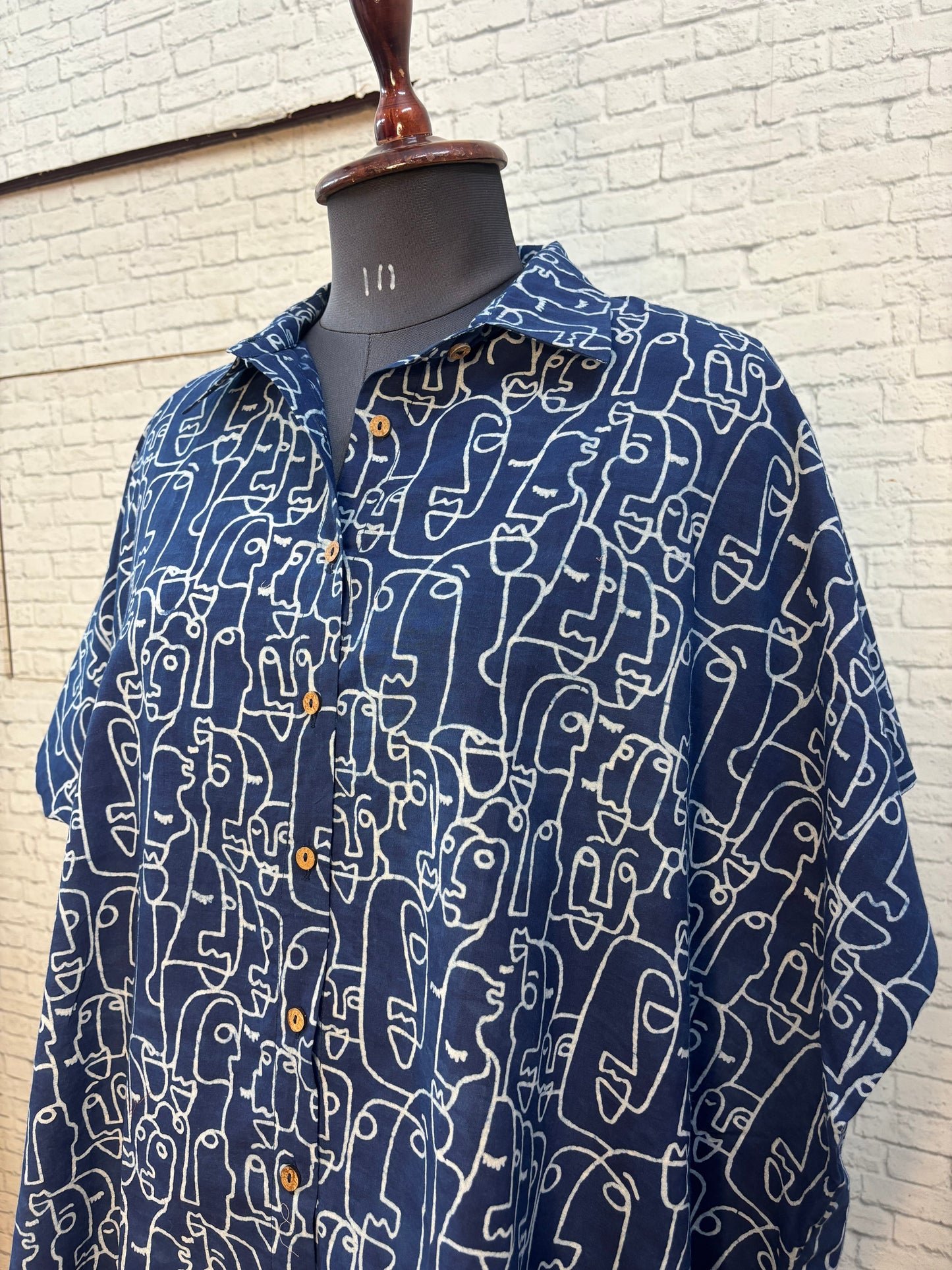 Indigo Faces Hand Block Printed Cotton High Low Shirt Kaftan