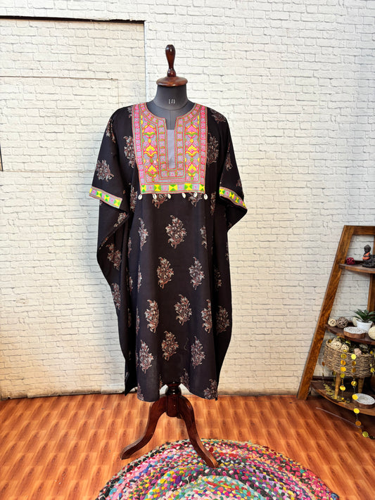 Black Ajrakh Hand Embroidered Patch Kaftan