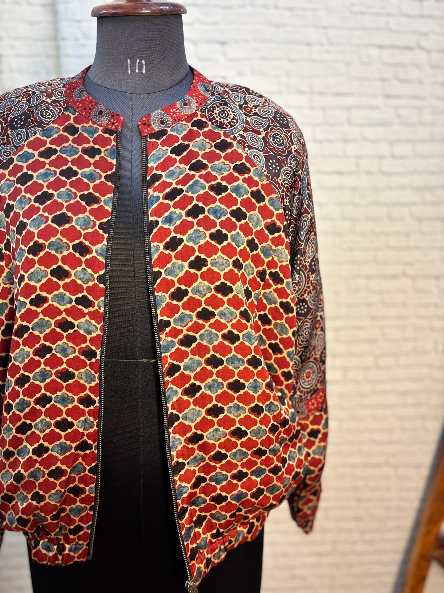 Red Black Modal Silk Ajrakh Unisex Bomber Jacket