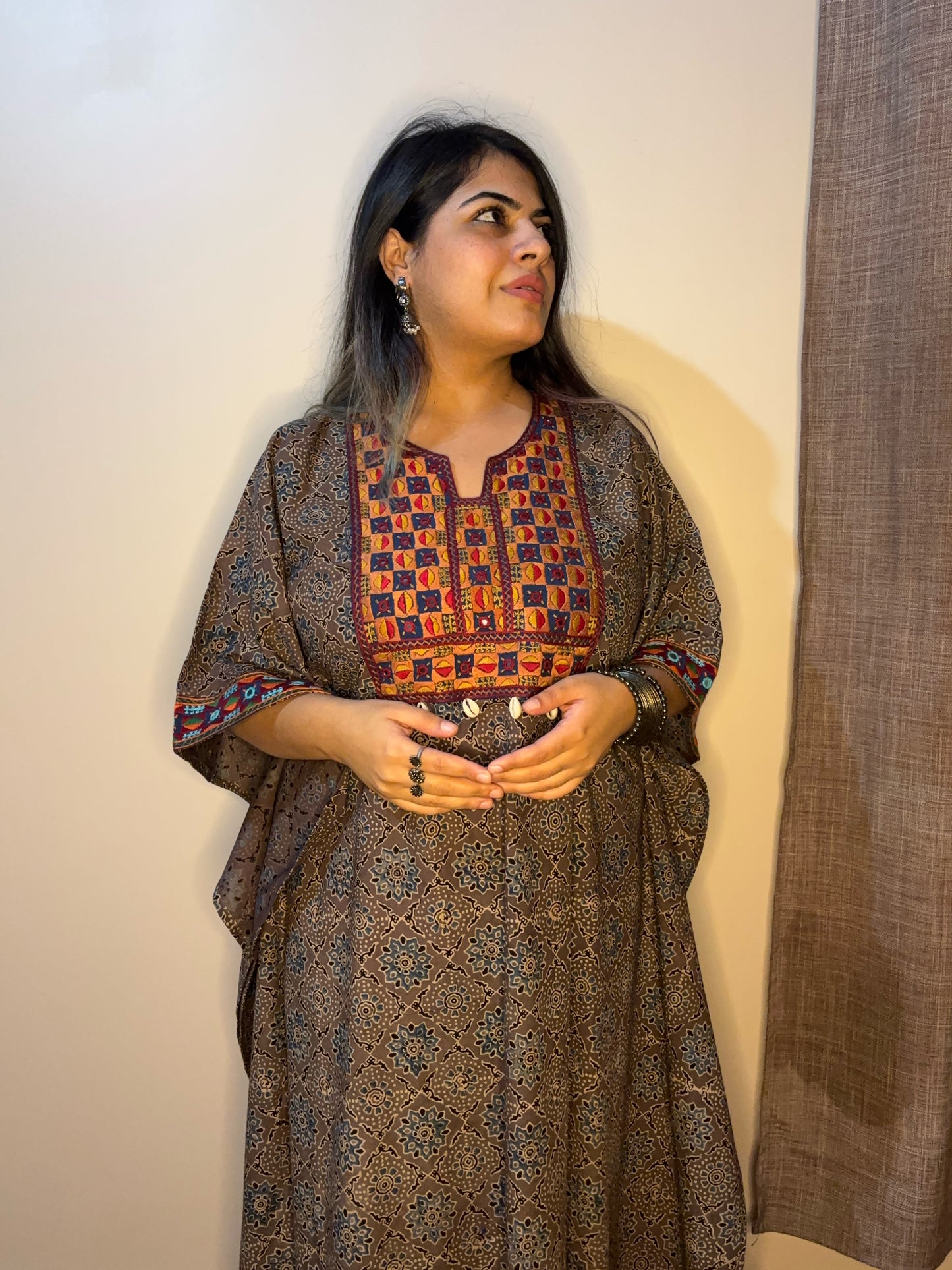 Greyish Brown Ajrakh Hand Embroidered Patch Kaftan