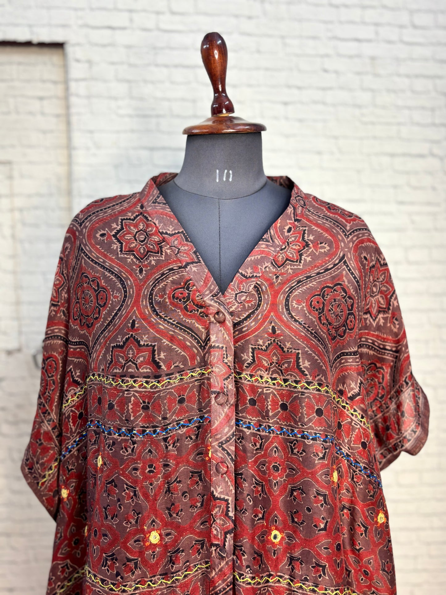 Kashish Red Ajrakh Chanderi Shirt Kaftan with Hand Embroidery