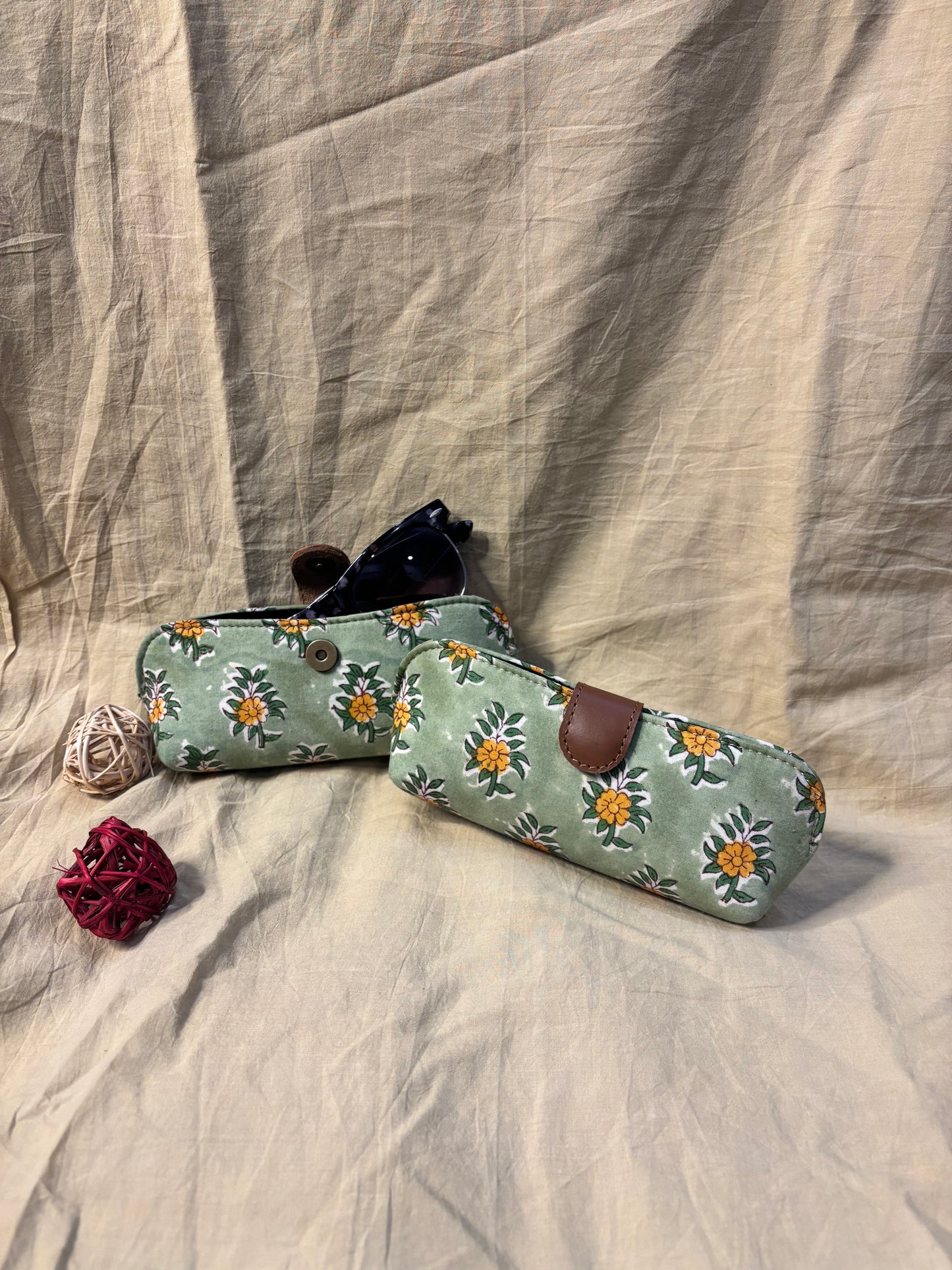 Green Yellow Floral Hand Block Print Eyewear Case