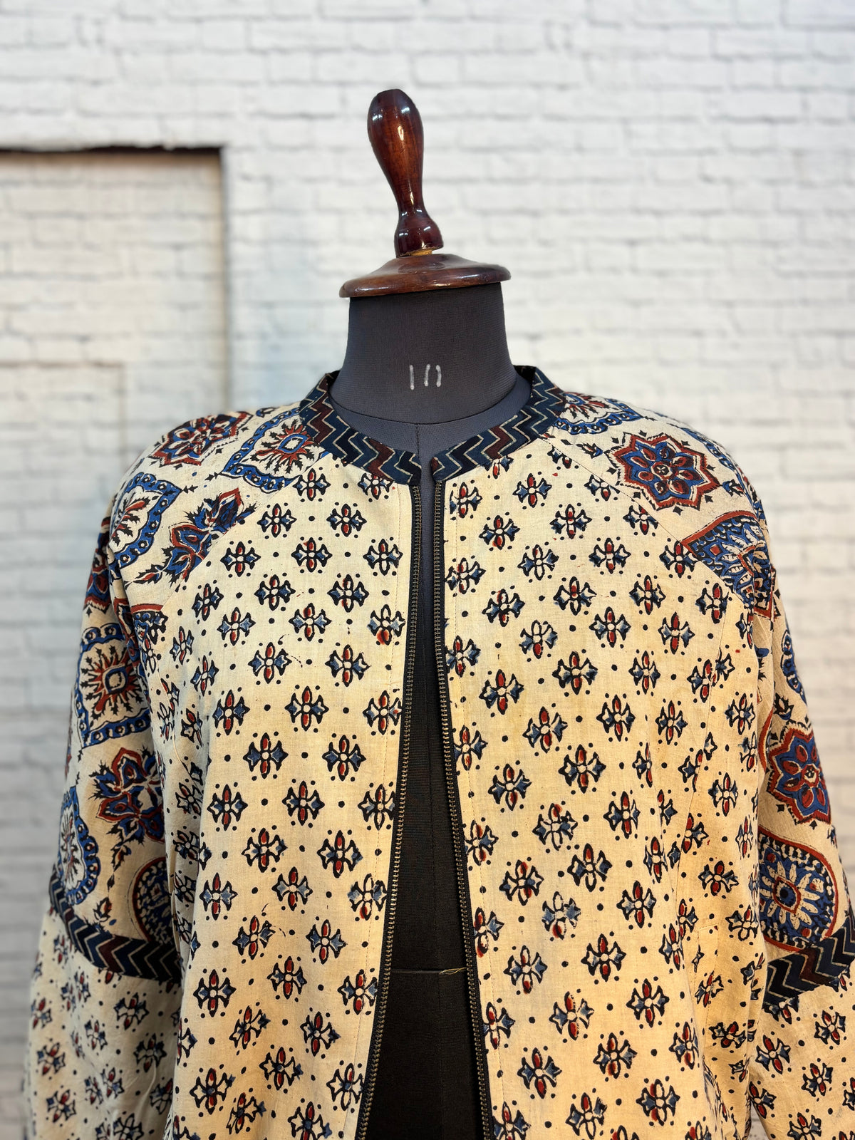 White Ajrakh Hand Block Printed Unisex Bomber Jacket