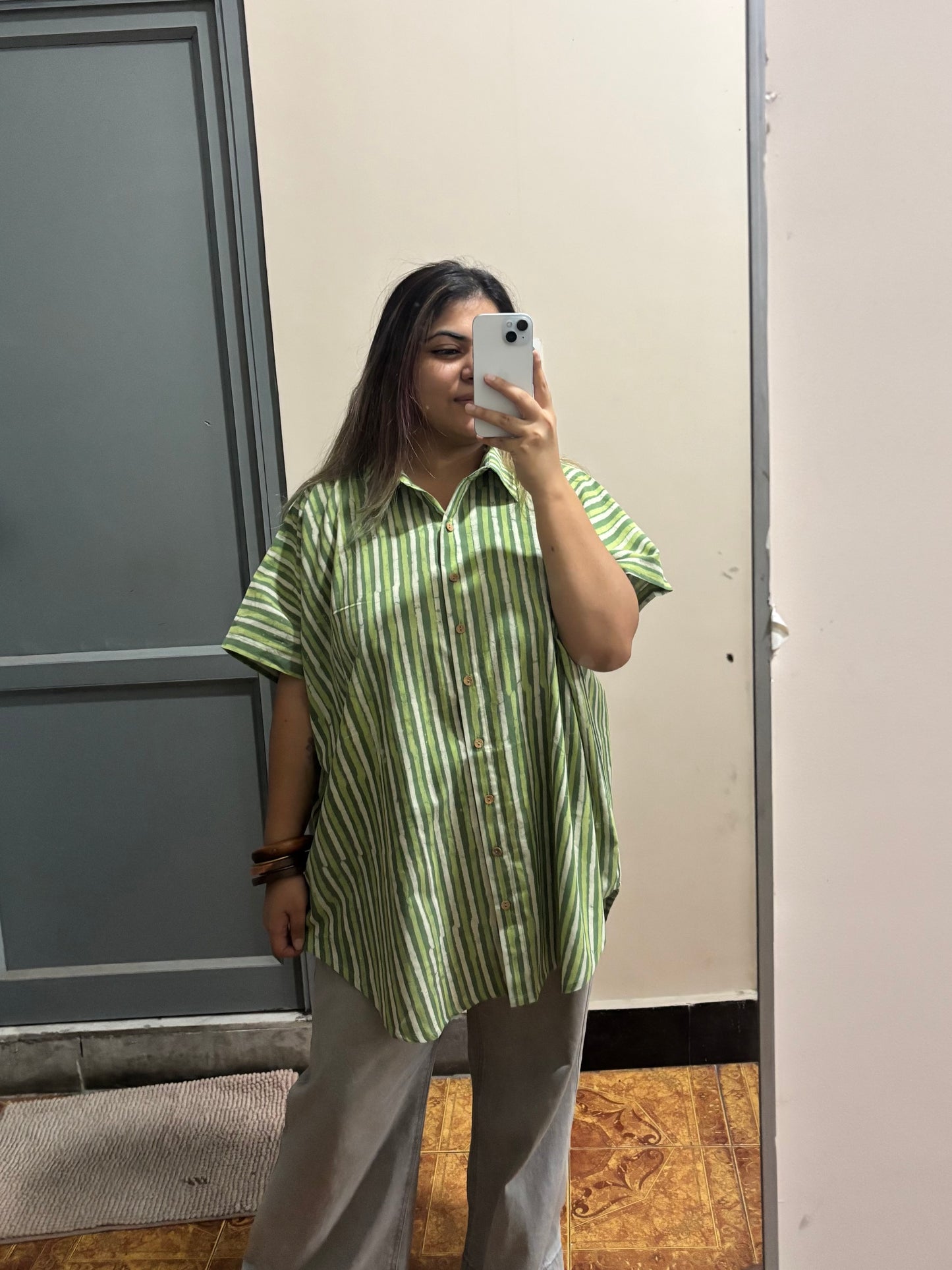 Green Dabu Stripe Cotton High Low Shirt Kaftan