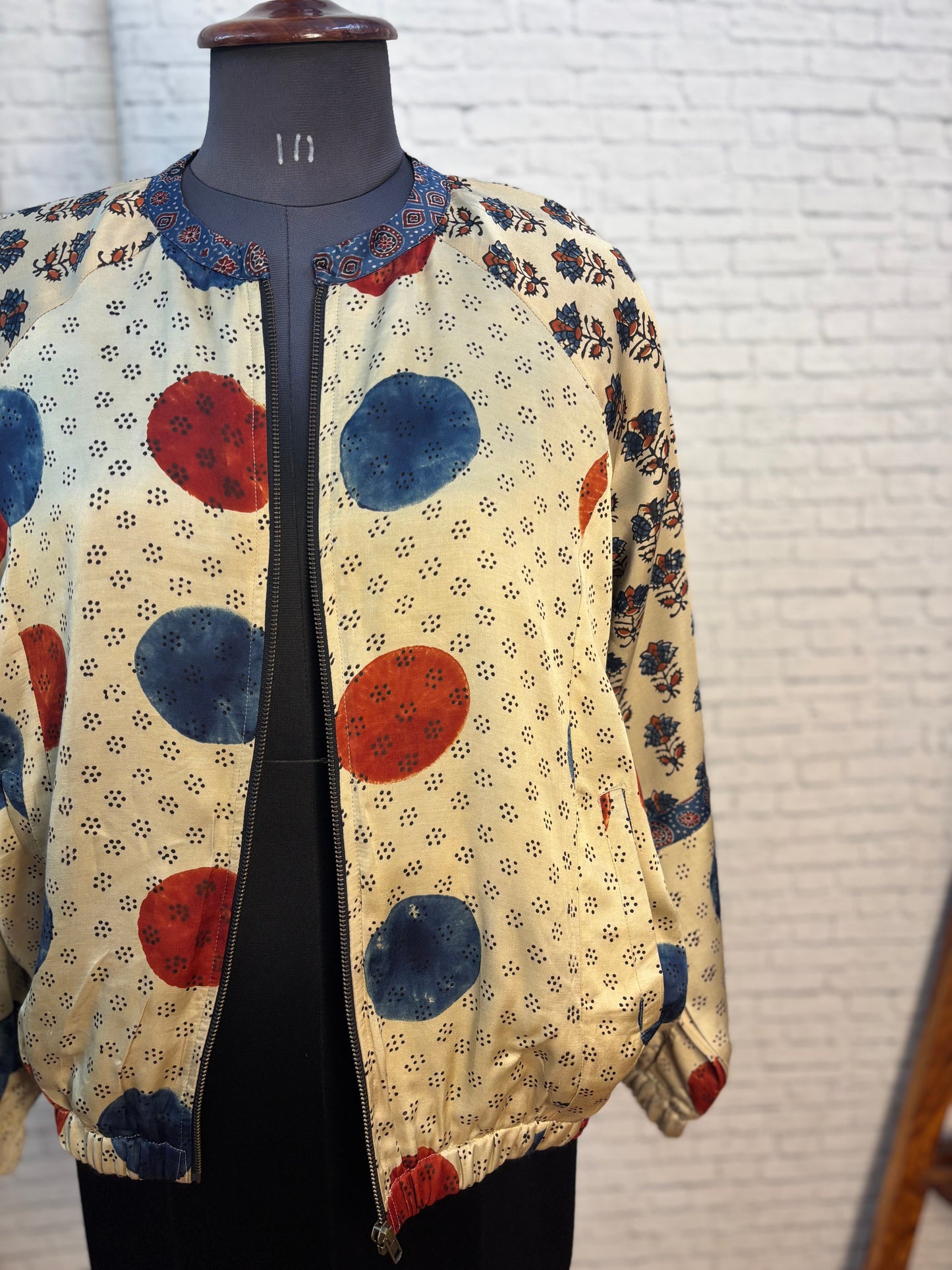 White Modal Silk Ajrakh Unisex Bomber Jacket