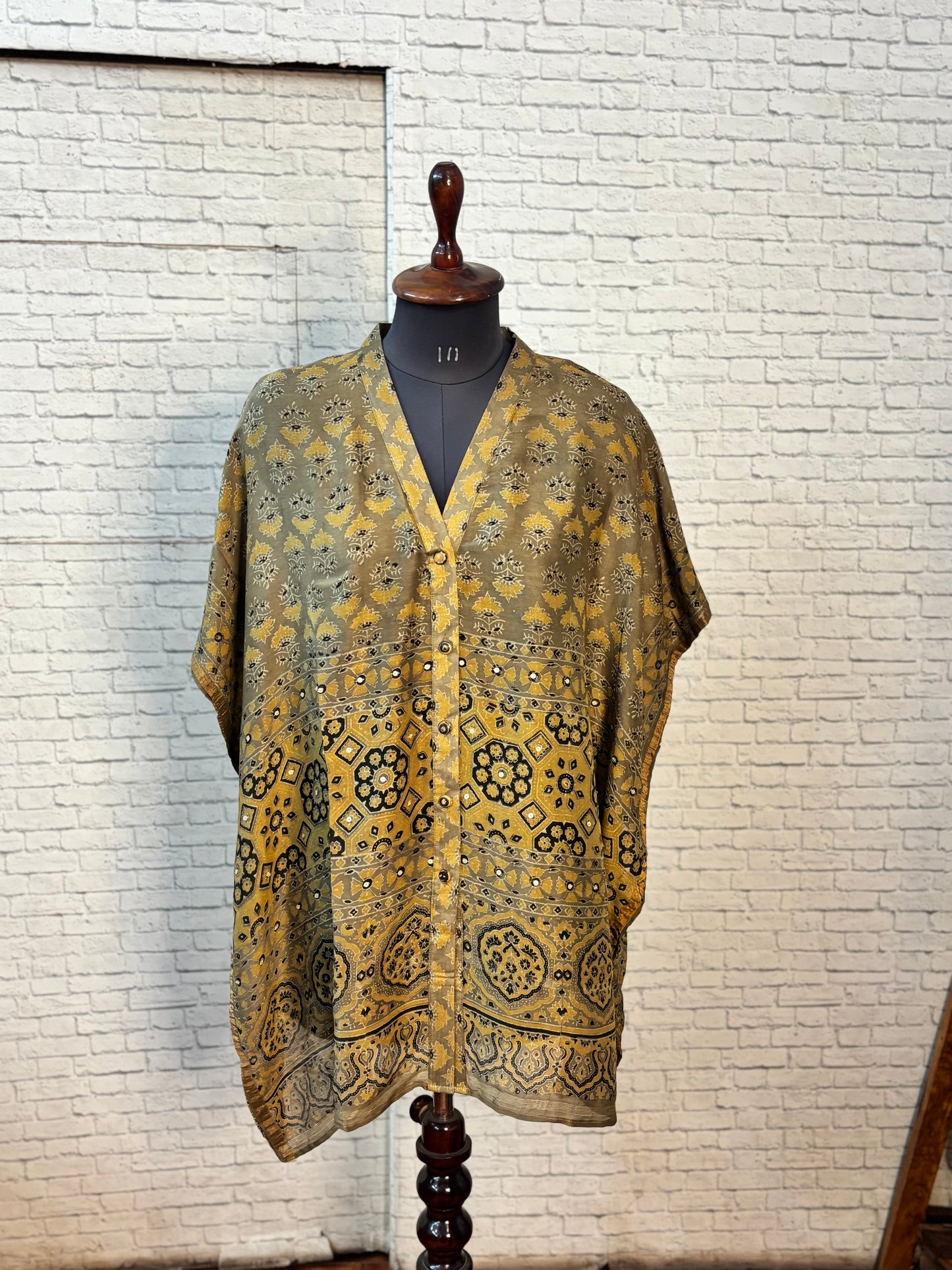 Kashish Yellow Ajrakh Chanderi Shirt Kaftan with Sequin Detailing